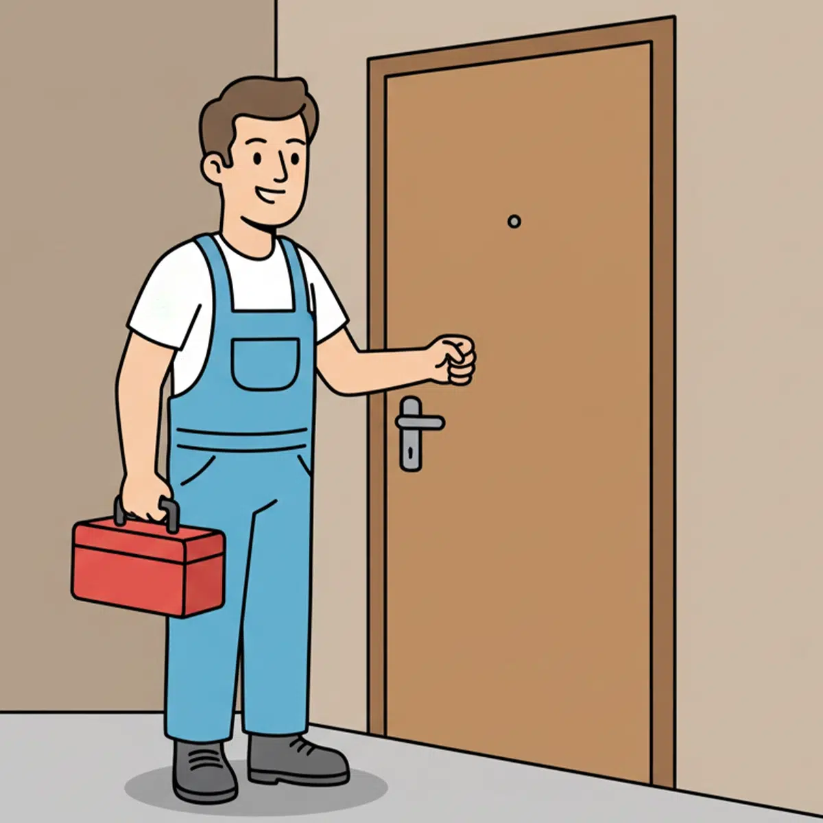 A plumber knocking on an apartment door