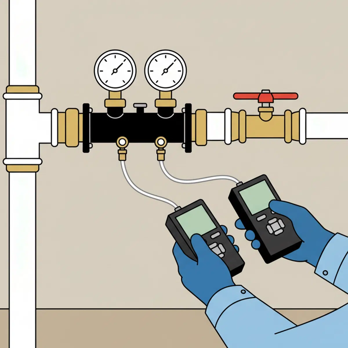 A plumber using sensors to test backflow