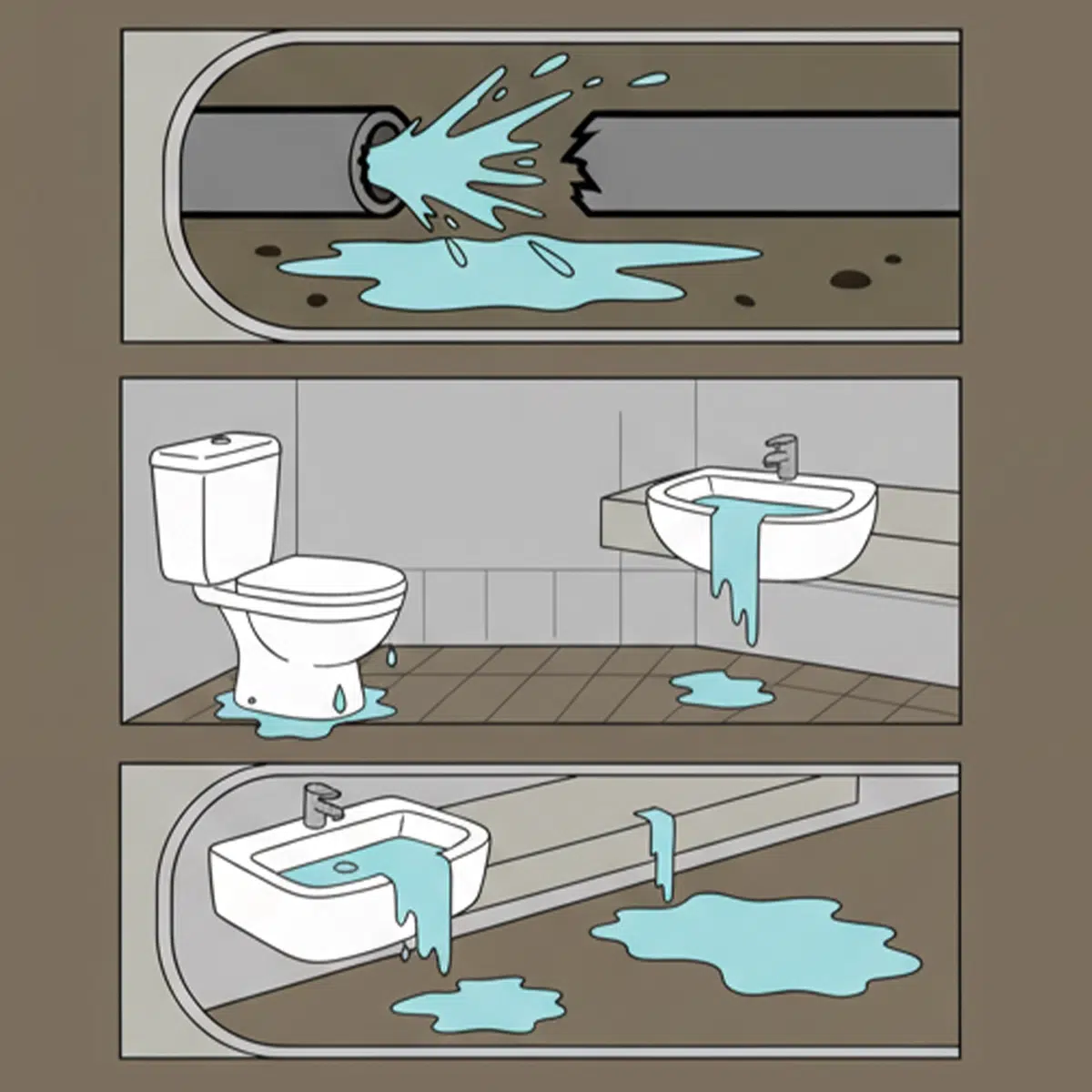 Common plumbing emergencies like a burst pipe, leaking sink, or leaking toilet