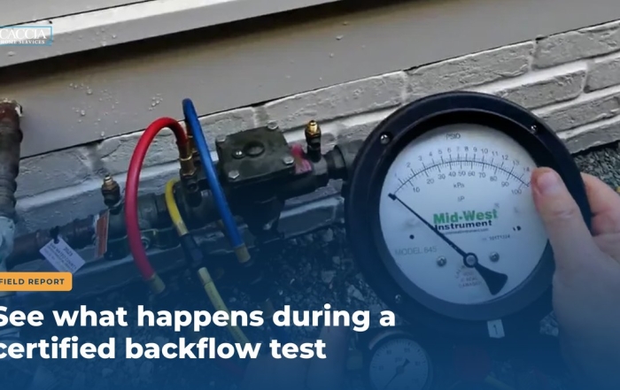 Midwest Model 845 test gauge connected to a Watts backflow preventer, with the field report title