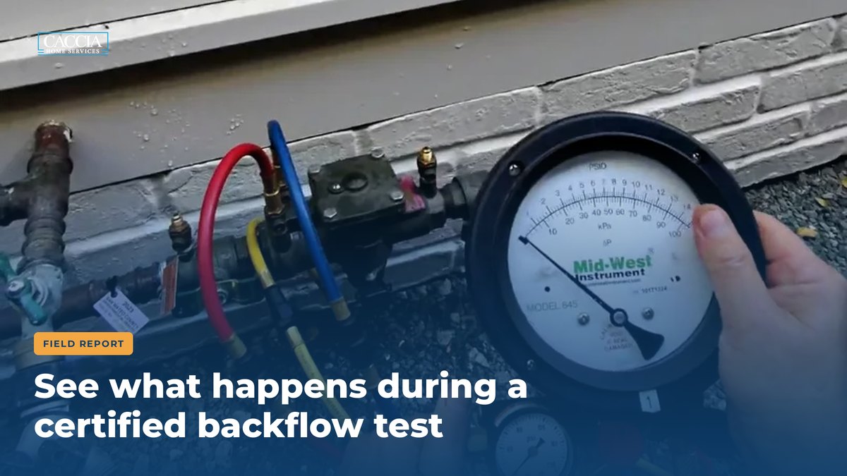 Midwest Model 845 test gauge connected to a Watts backflow preventer, with the field report title