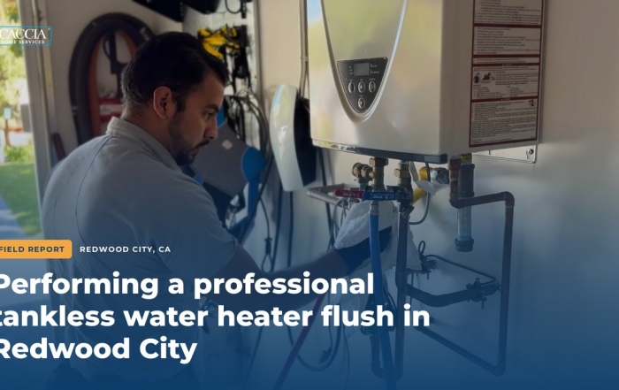Caccia technician Cristian connecting hoses to the isolation valves of a tankless water heater, with the field report title