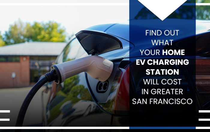 Electric car being charged with the text reading "Find out what your home EV charging station will cost in greater San Francisco"