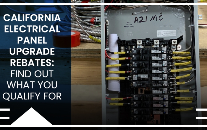 Title card with title "California Electrical Panel Upgrade Rebates: Find Out What You Qualify For" and blue transparency over image of a chaotic electrical panel