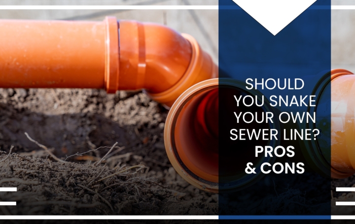 Sewer pipes with the title "Should You Snake Your Own Sewer Line? Pros & Cons" over top.