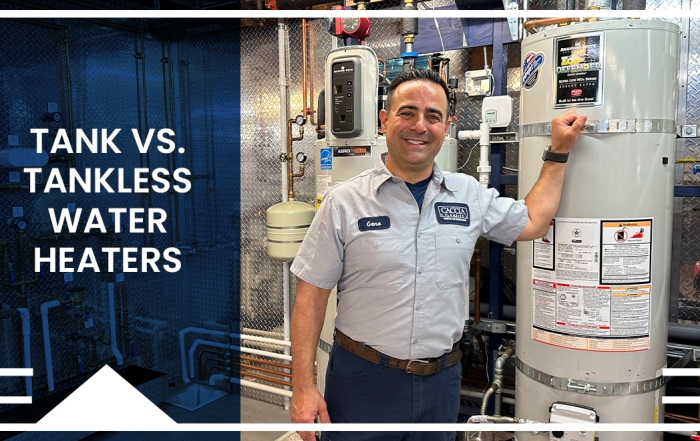 Title image with the title "The Ultimate Guide to Tankless Water Heaters" on blue transparency over an image of Geno from Caccia Home Services standing next to a new water heater.