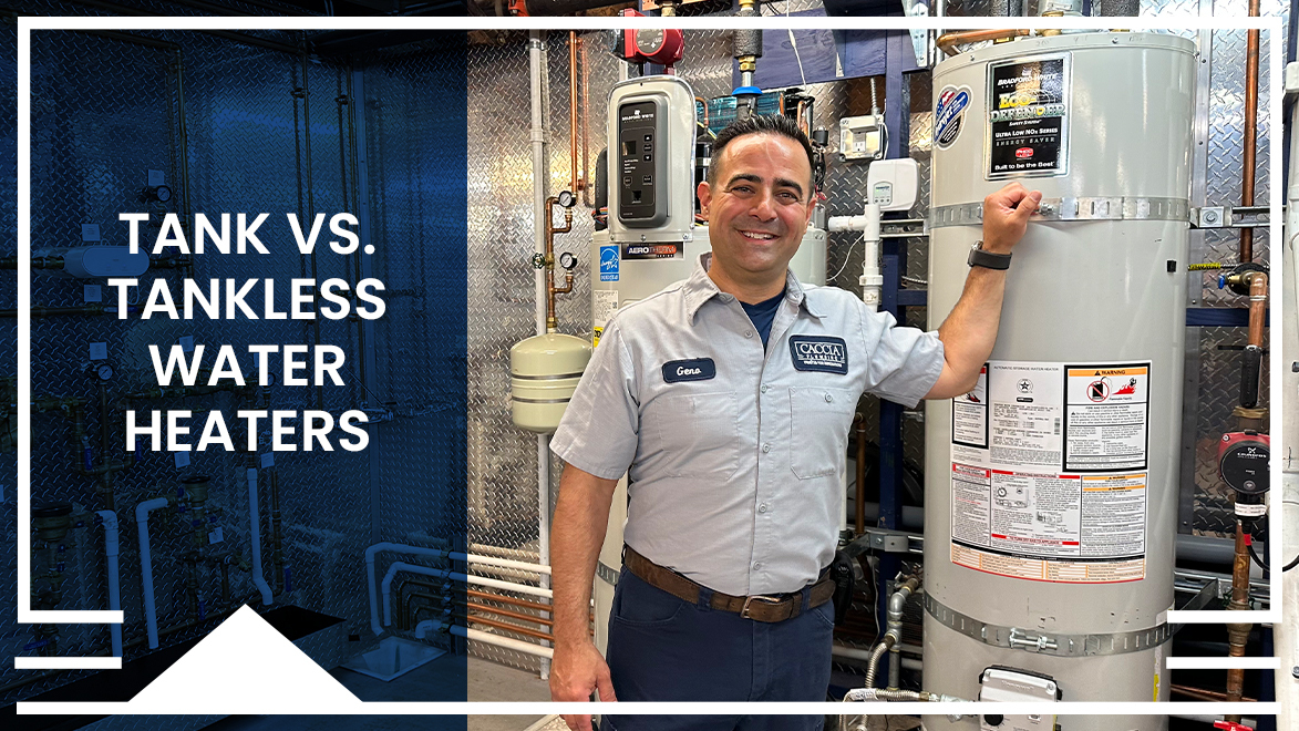 caccia-plumbing-Tank-vs-Tankless-Water-Heaters Title image with the title "The Ultimate Guide to Tankless Water Heaters" on blue transparency over an image of Geno from Caccia Home Services standing next to a new water heater.