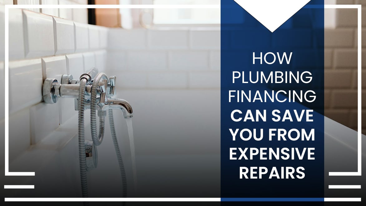 A running bathtub faucet with graphic overlay of the title How Plumbing Financing Can Save You From Expensive Repairs