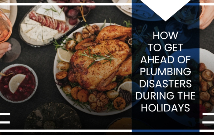 Overhead image of a holiday dinner spread of wine and turkey with graphic and text overlay that says "How to Get Ahead of Plumbing Disasters During the Holidays"