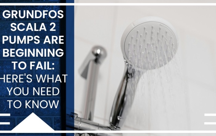 mage of a shower head exhibiting low pressure with graphic and text overly with the title "Grundfos Scala2 Pumps Are Beginning to Fail: Here's What You Need to Know".