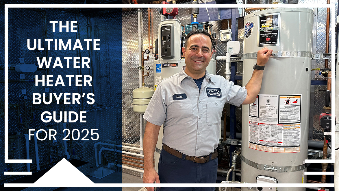 Geno Caccia smiling in front of water heater