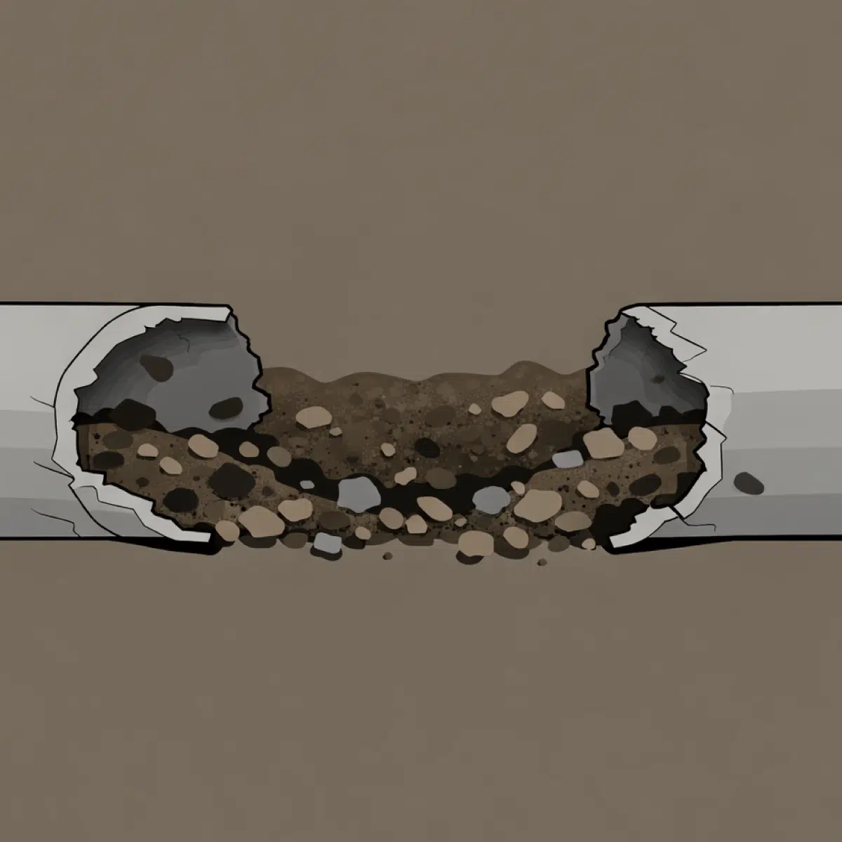 A collapsed sewer pipe where the 2 halves are completely disconnected in need of sewer repair