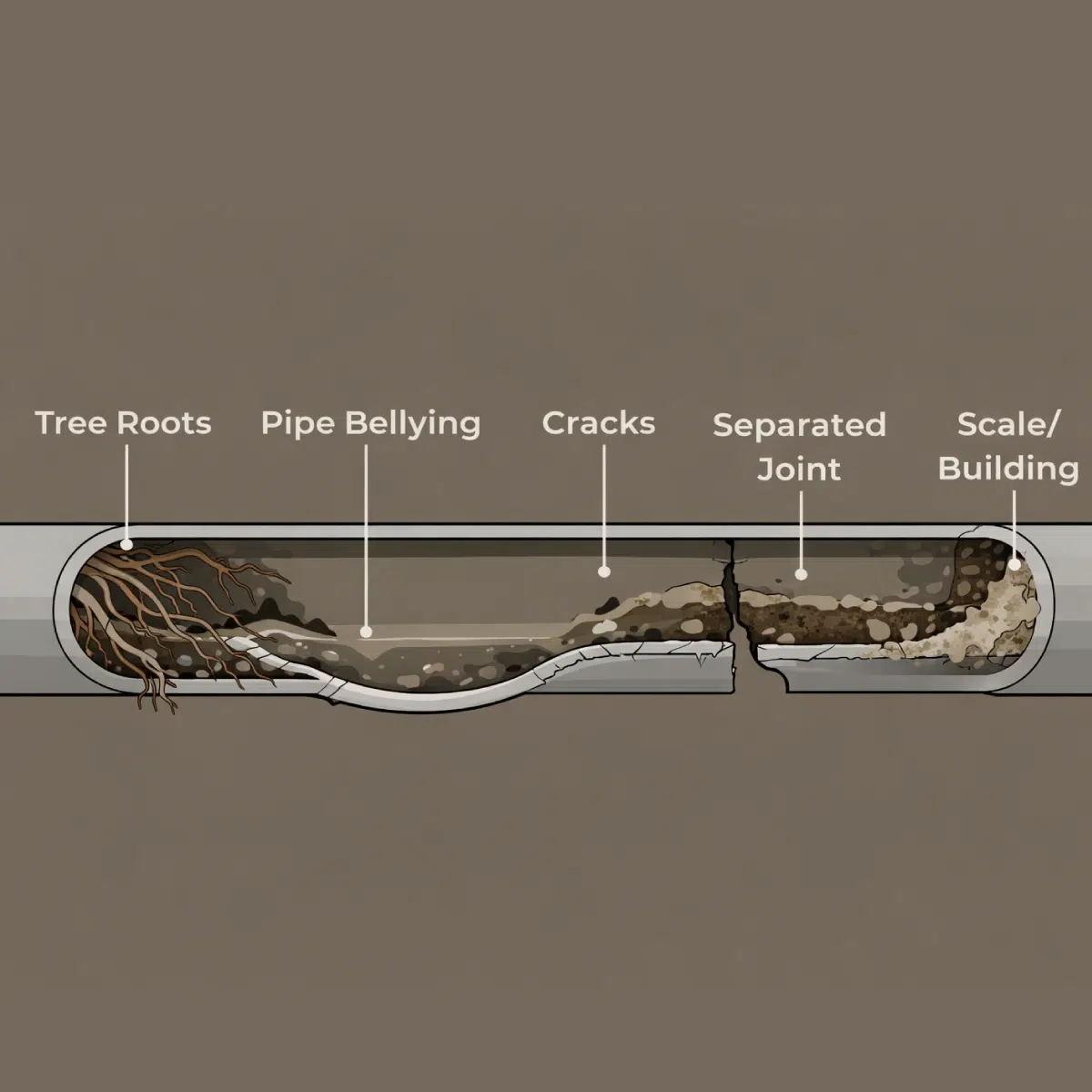 Common sewer pipe issues like tree roots, pipe bellying, cracks, separated joint, and scale