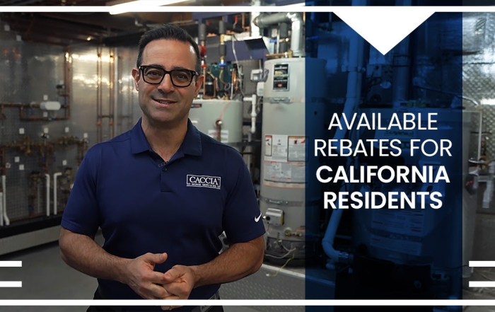 Geno from Caccia Home Services standing in a residential utility room with blue overlay and the title "Available Rebates for California Residents".