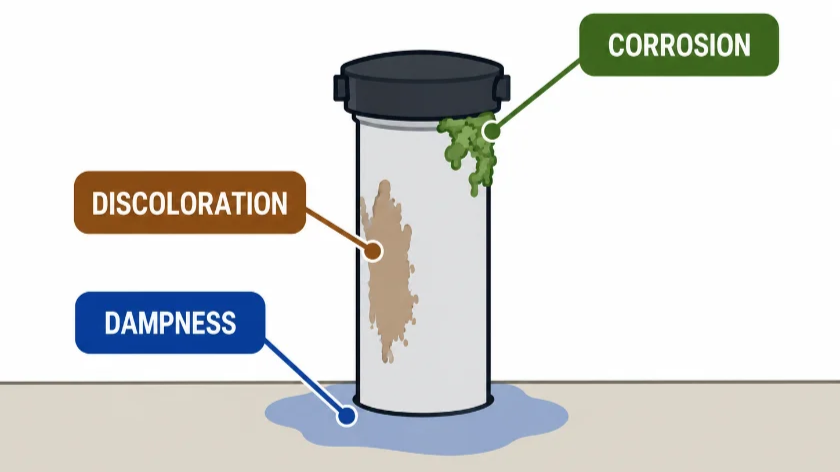 Diagram: signs of leaks around a septic or sewer cleanout lid