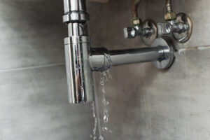 Under-sink pipe leaking water.