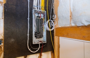 A newly installed 200-amp electrical panel, complete with circuitry and breakers.