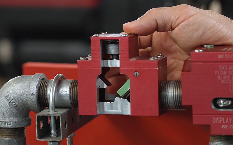 Close-up shot of the working components inside an automatic earthquake shutoff valve