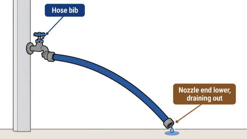 Diagram: draining a hose with the nozzle end lower than the spigot