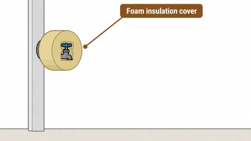 Diagram: foam insulation cover installed over an outdoor spigot