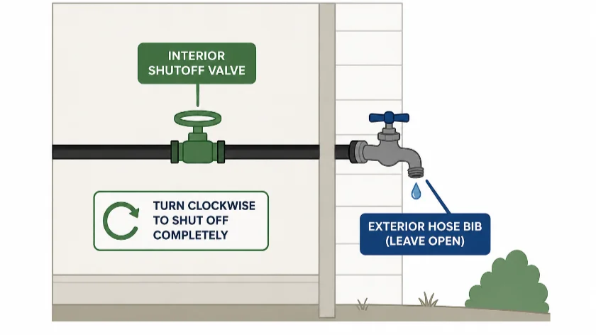 Diagram: interior shutoff valve feeding an exterior hose bib