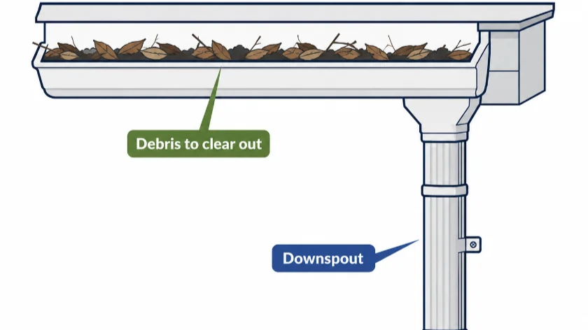 Diagram: debris in a gutter channel and the downspout