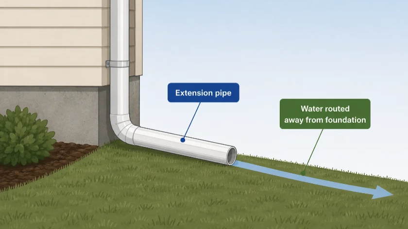 Diagram: downspout extension routing water away from the foundation