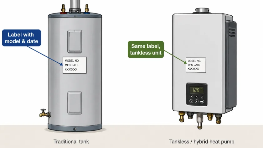 Diagram: where to find the model number and manufacture date label on tank vs tankless units