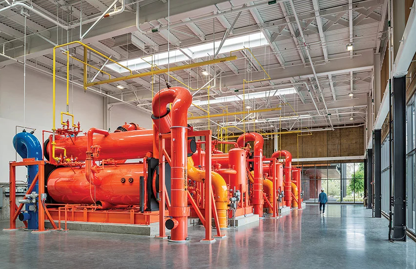 An interior shot of equipment inside Stanford's Central Energy Facility (CEF)