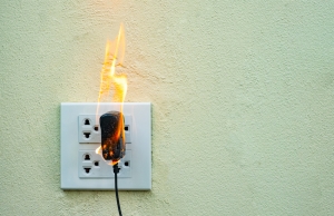 An outlet overheats, starting a fire that spreads to a phone charger.