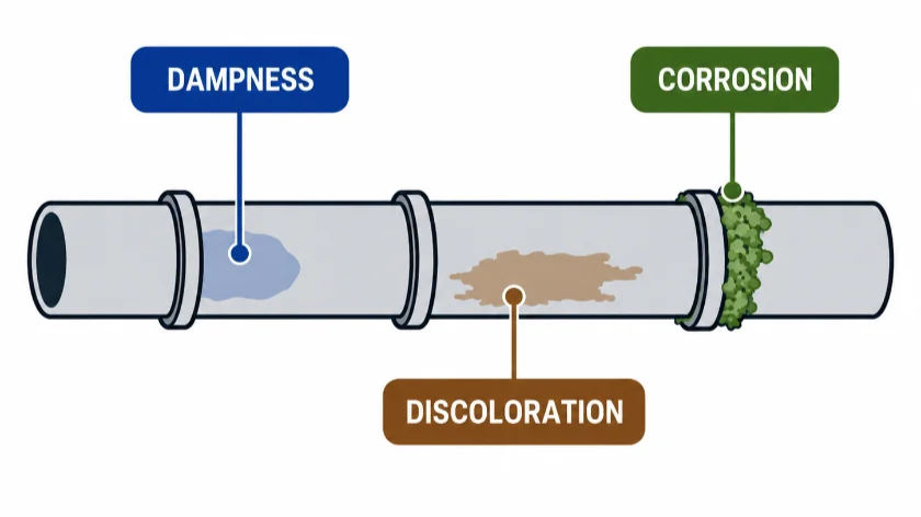 Diagram: what leak signs (dampness, discoloration, corrosion) look like on a pipe
