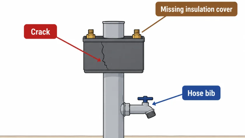Diagram: cracks and missing insulation on a backflow device and hose bib