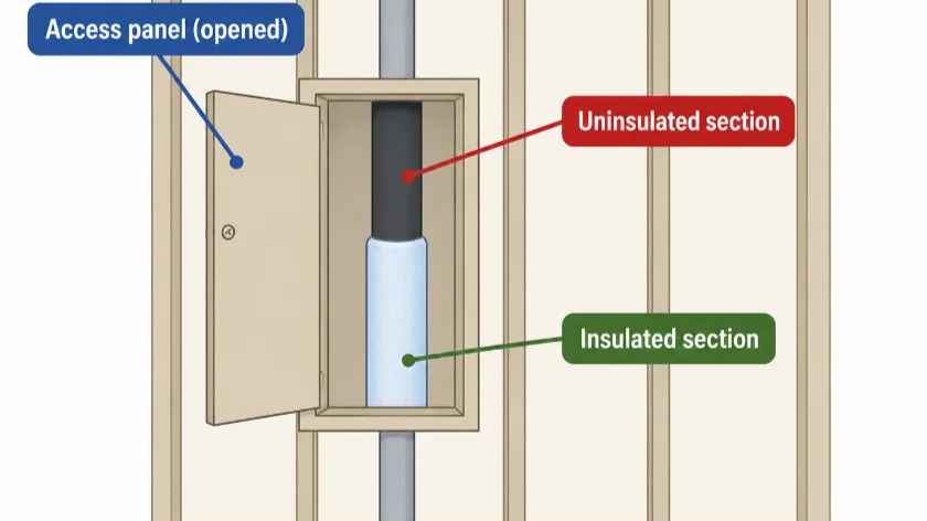 Diagram: insulated vs uninsulated pipe section behind an exterior wall