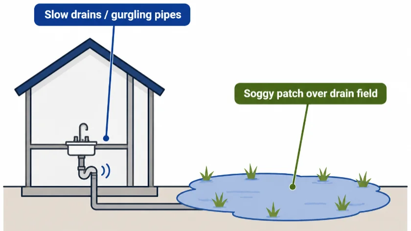 Diagram: slow drains and a soggy patch over the drain field