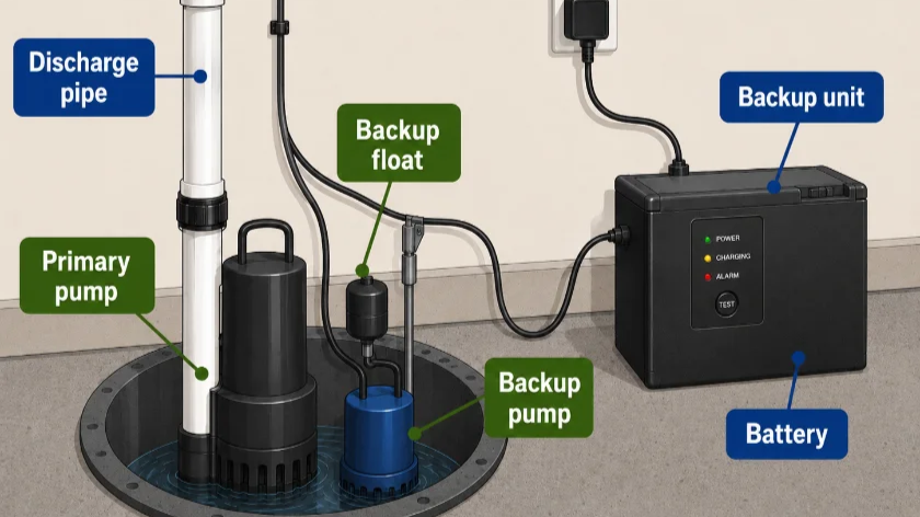 Diagram: sump pump with its battery backup unit