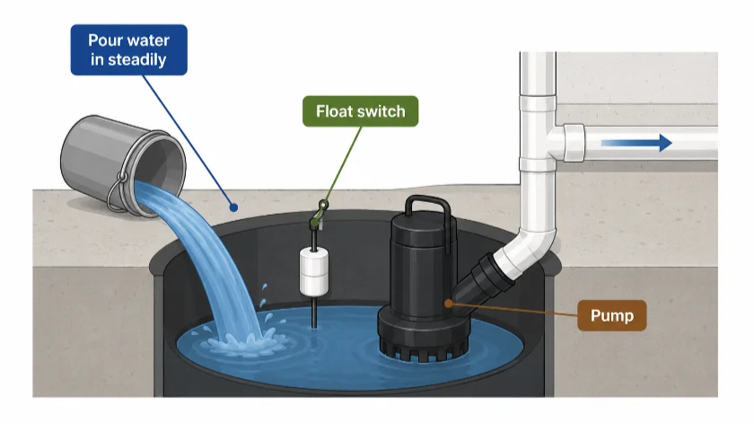 Diagram: pouring water into the sump pit to test the float switch and pump