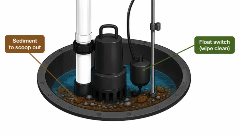 Diagram: sediment and float switch inside the sump pit