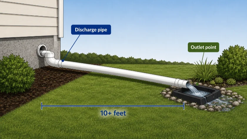 Diagram: discharge pipe routed at least 10 feet from the foundation