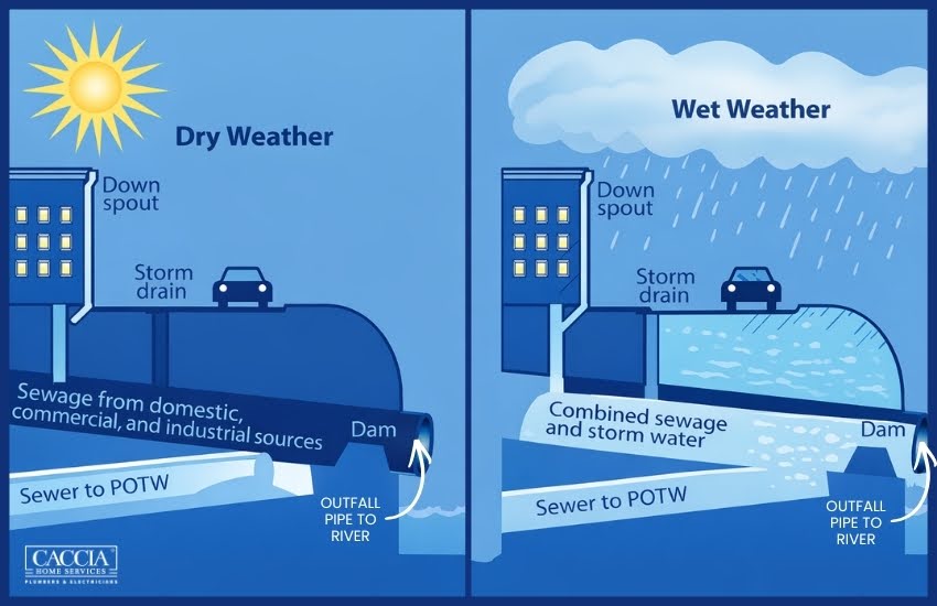 Different Sewer Types in California & How to Prevent Them from Clogging 2 Infographic showing the combined sewer and storm water systems
