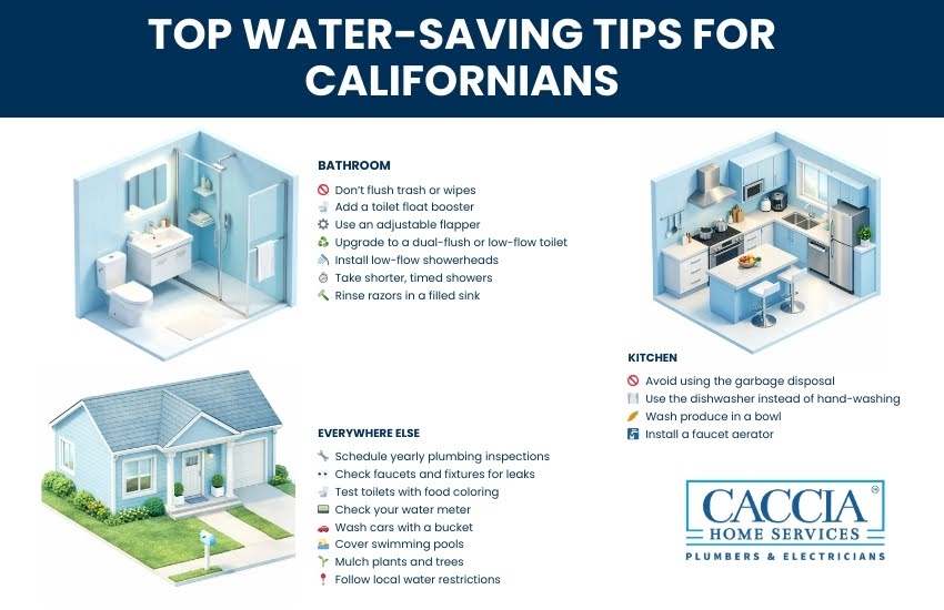 Infographic with Top Water-Saving Tips around the house for Californians